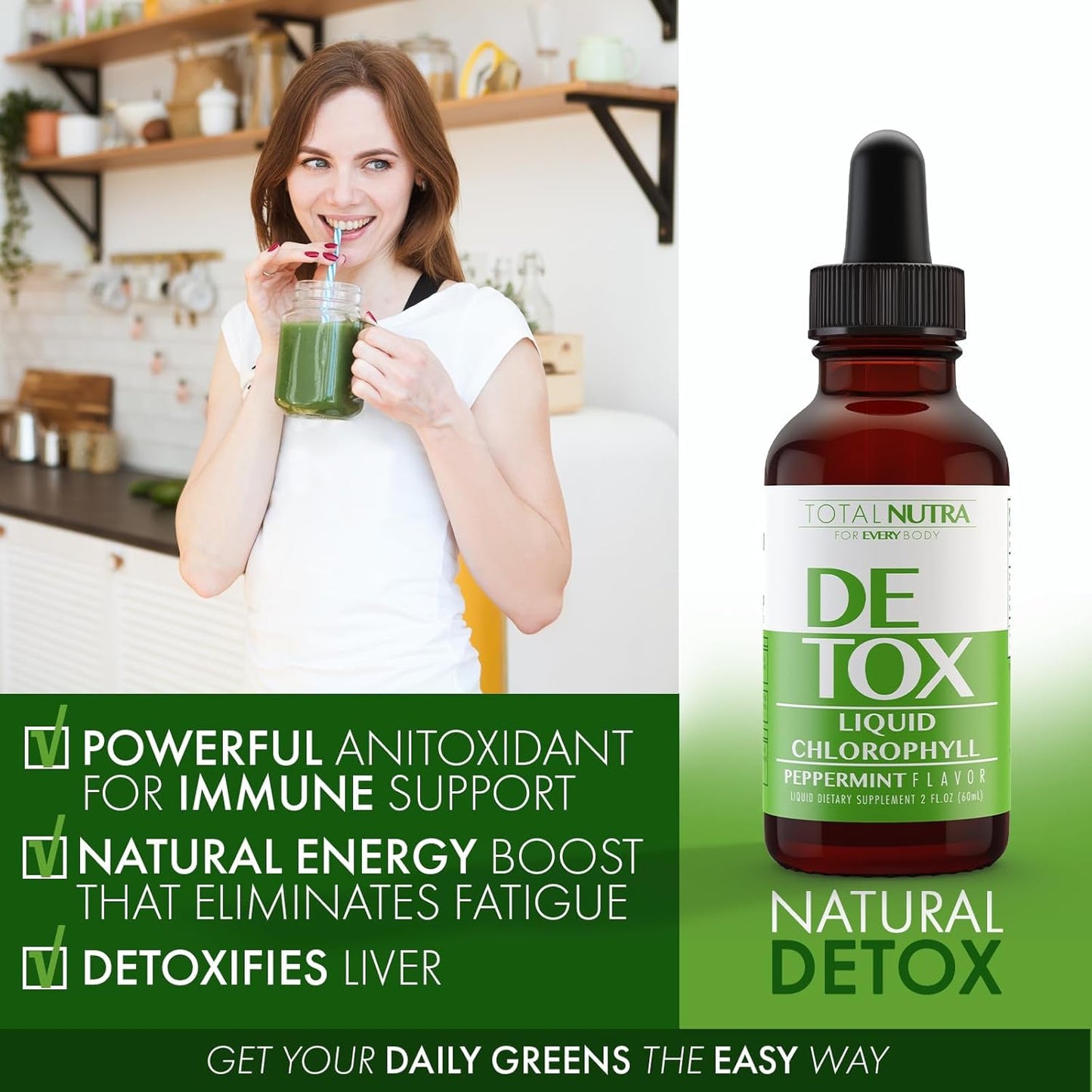 Vegan Liquid Chlorophyll Drops 50mg for Energy Boost, Immune Support, Skin Care - Mint Flavor, Non-GMO, Gluten Free - Total Nutra 4 Pack