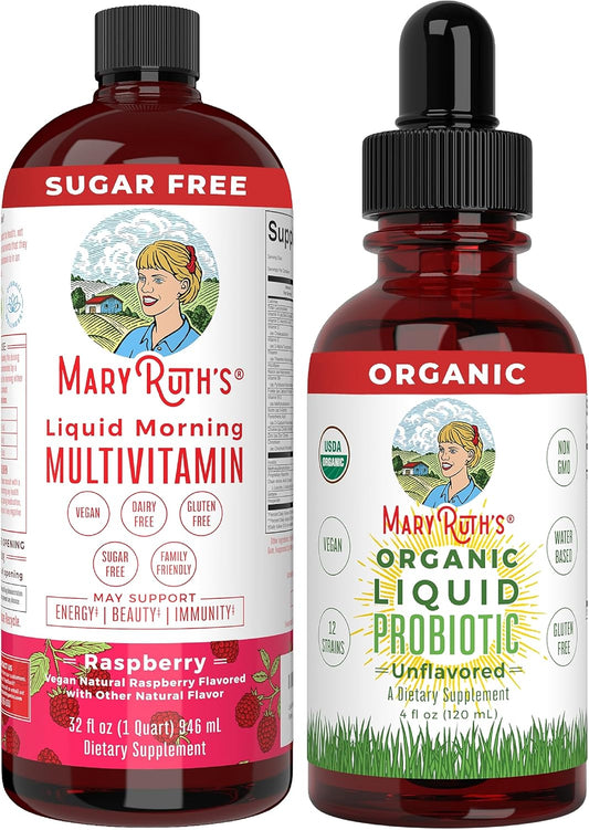 Vegan Liquid Multivitamin & Probiotic Bundle for Immune, Digestion, Focus, and Energy Support - Raspberry Flavor - 4oz - MaryRuth Organics