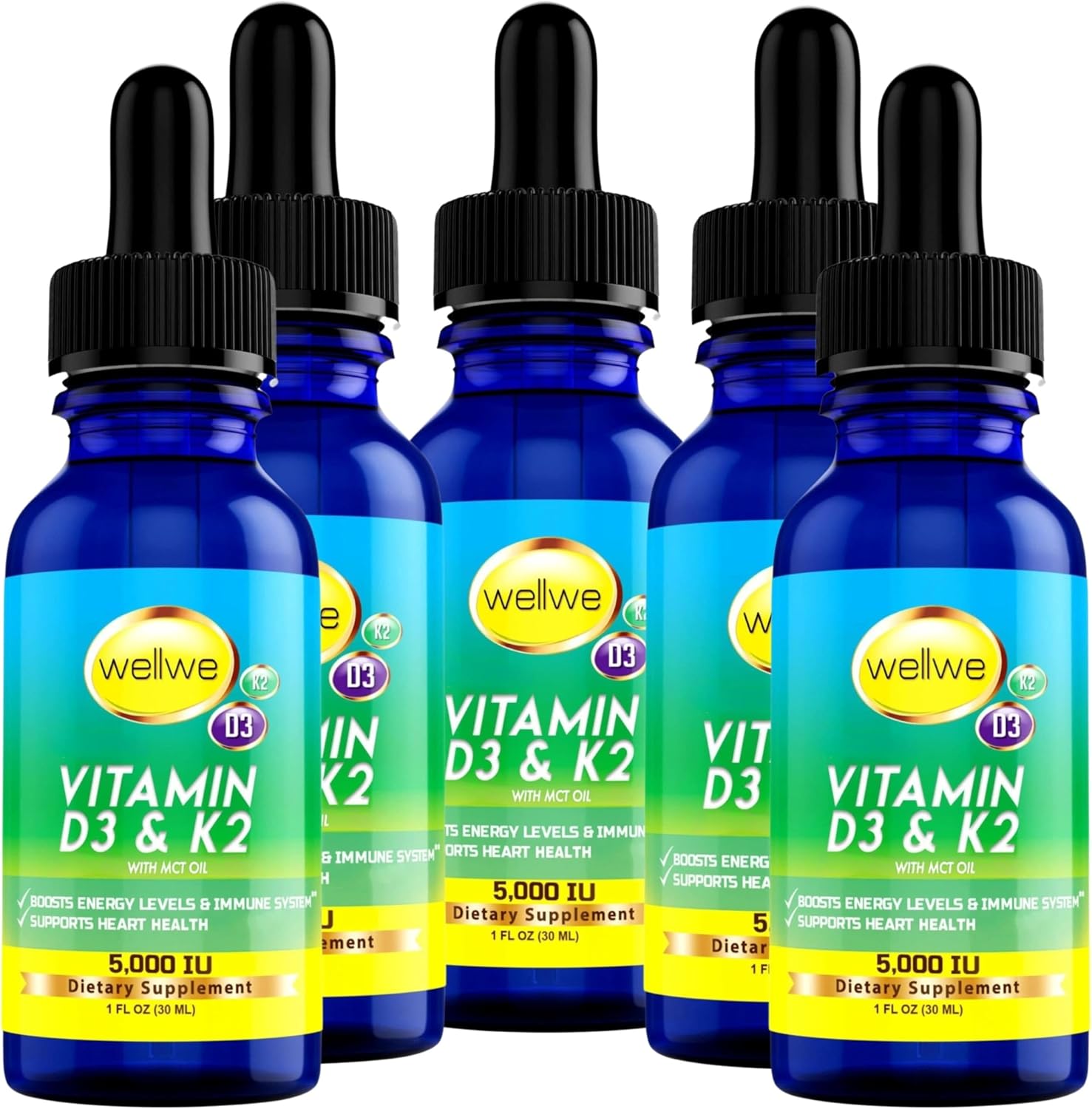 Vegan Liquid Vitamin D3 K2 Drops 5000 IU - Soy, Gluten, Non-GMO - Boosts Energy & Immune System - Heart Health Support - 1000 IU per Drop - No Taste or Odor - 5 Pack