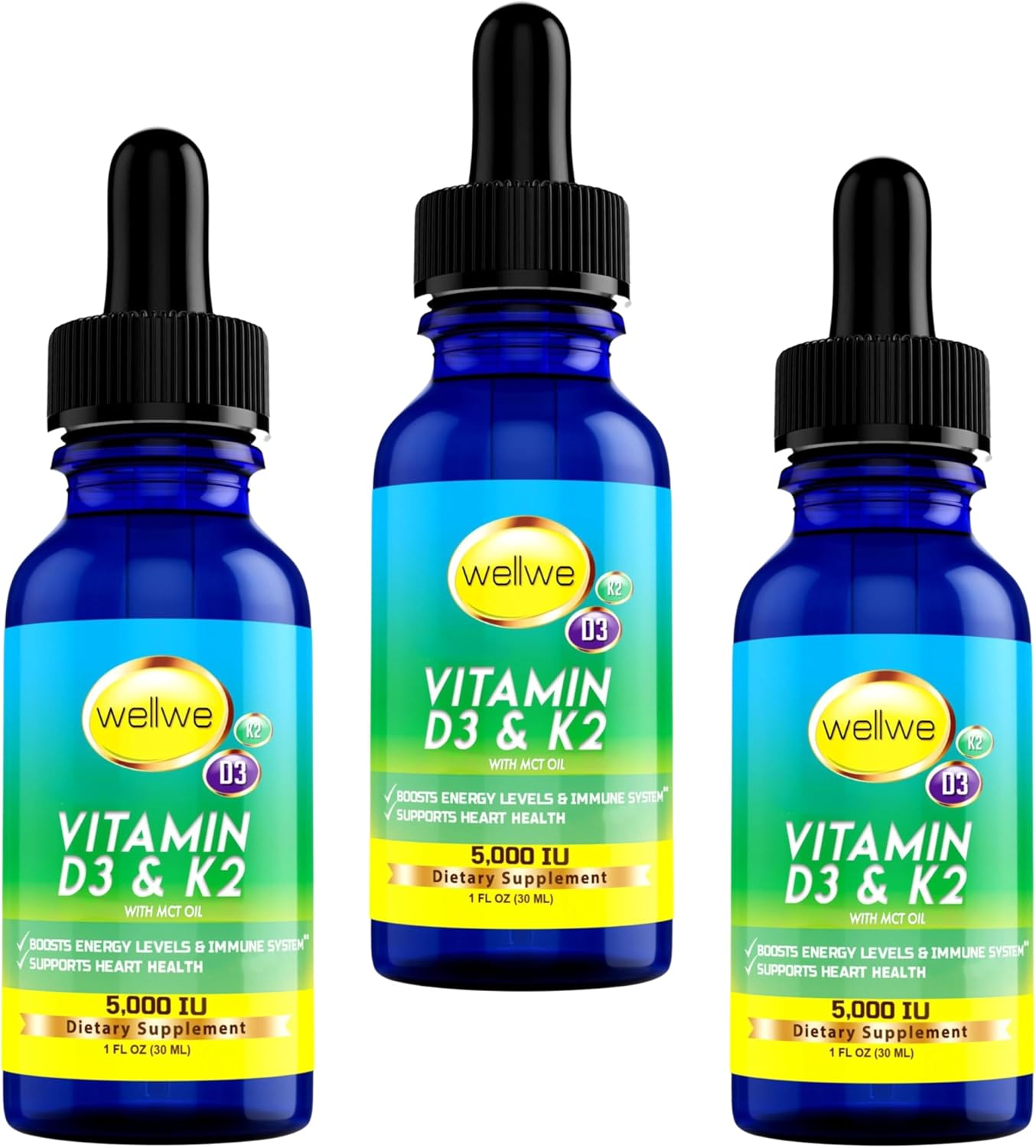 Vegan Liquid Vitamin D3 K2 Drops with MCT Oil - 5000 IU, No Taste, No Odor, Gluten-Free - Energy & Immune Boost - 1000 IU per Drop - 3 Pack