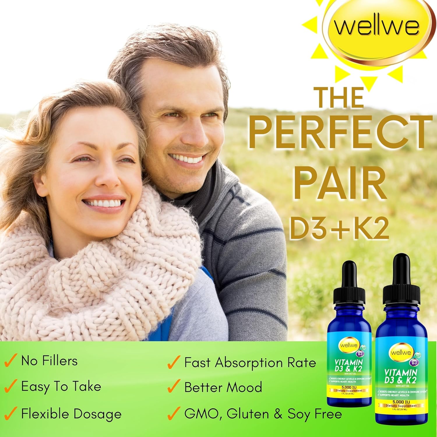 Vegan Liquid Vitamin D3 K2 Drops with MCT Oil - 5000 IU, No Taste, No Odor, Gluten-Free - Energy & Immune Boost - 1000 IU per Drop - 3 Pack