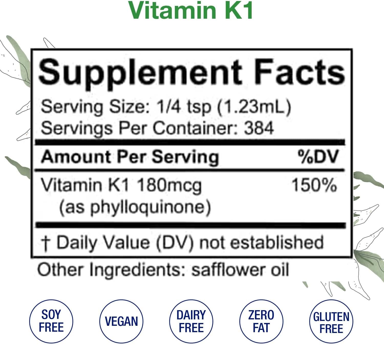 Vegan Liquid Vitamin K1 Drops for Skin, Bones & Blood Health - Non-GMO Vitamin Extract for Internal & External Use - Alcohol-Free, 16 Fl Oz.