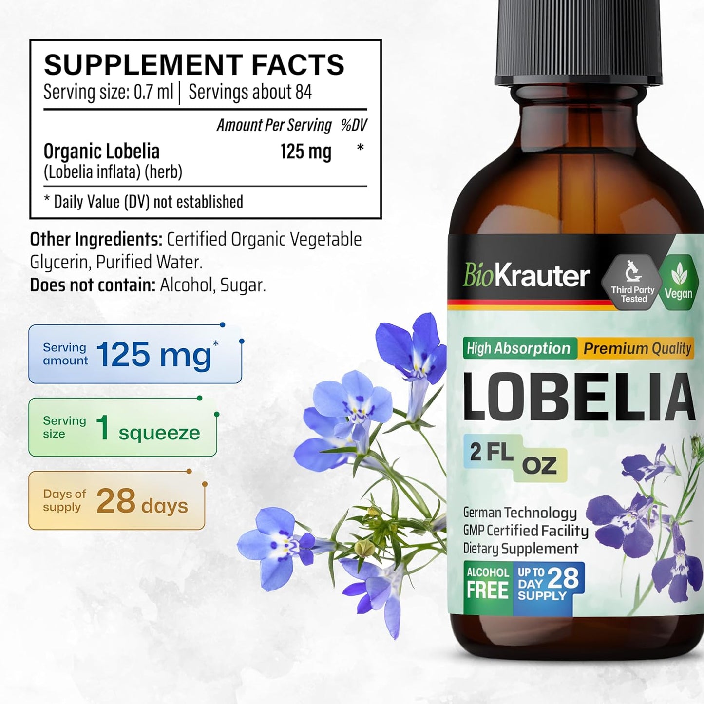 Vegan Lobelia Extract Tincture for Respiratory Support - Alcohol & Sugar Free - 2 Fl.Oz.
