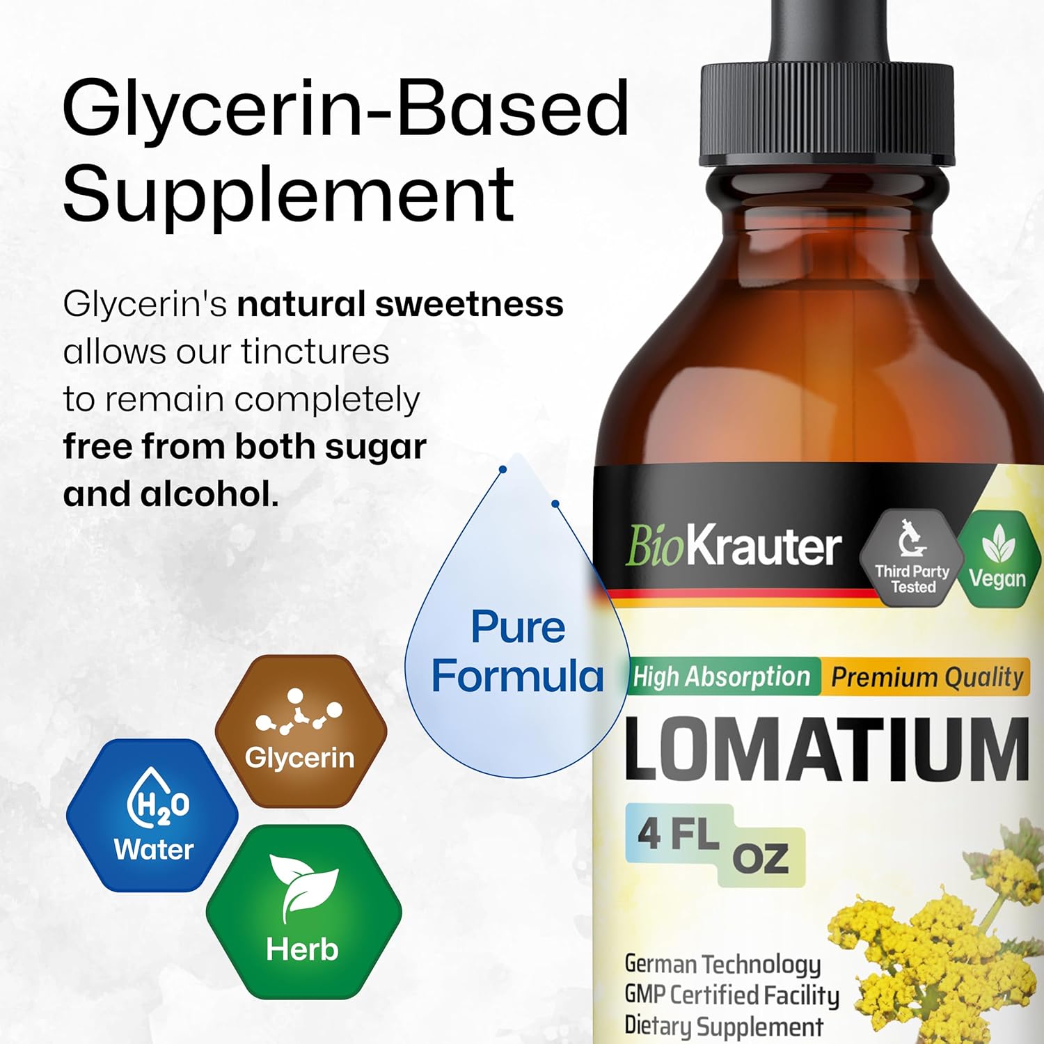 Vegan Lomatium Root Tincture for Immune & Lung Support - Alcohol & Sugar Free - 4 Fl.Oz.
