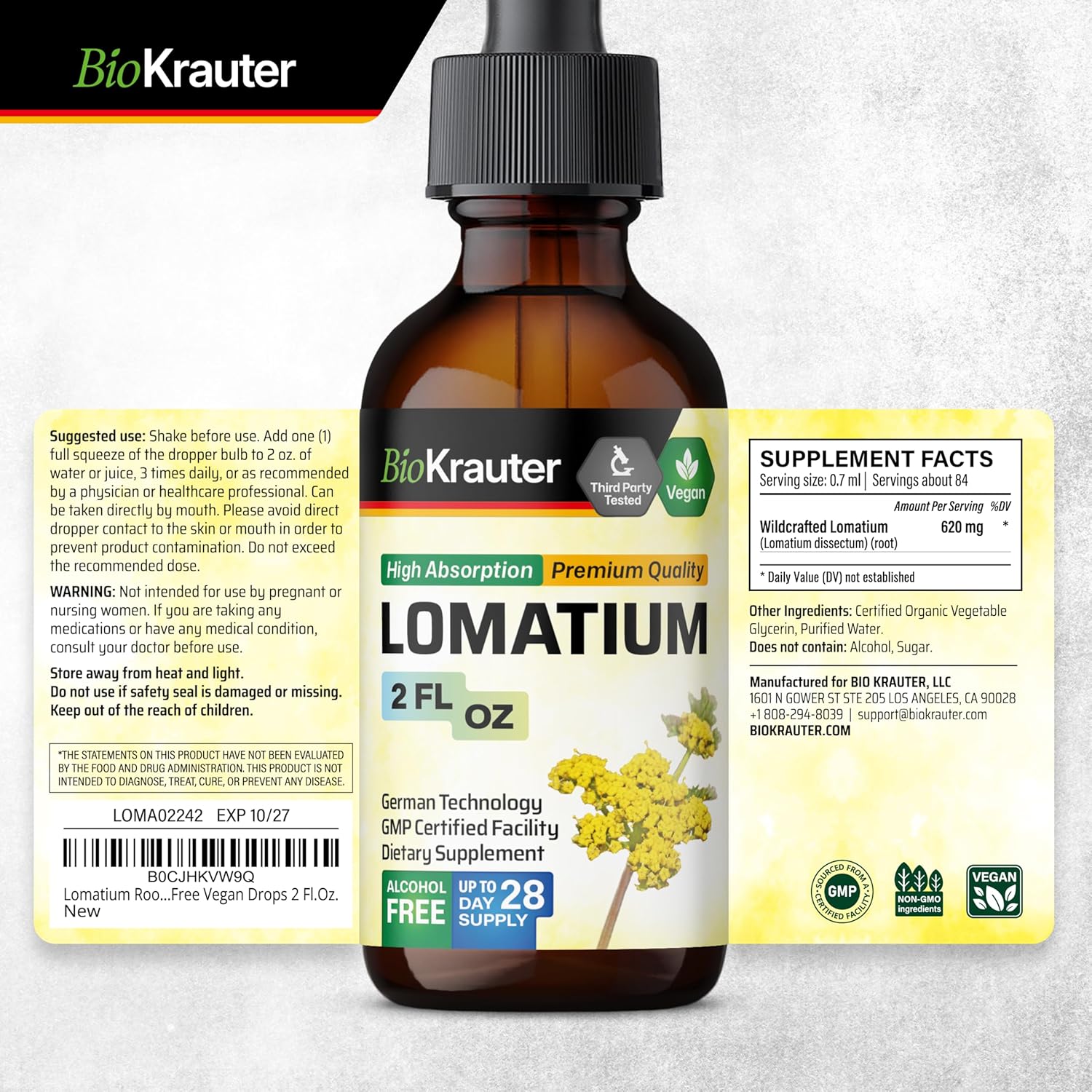 Vegan Lomatium Root Tincture for Respiratory Support - Alcohol & Sugar Free Liquid Extract - 2 Fl.Oz.