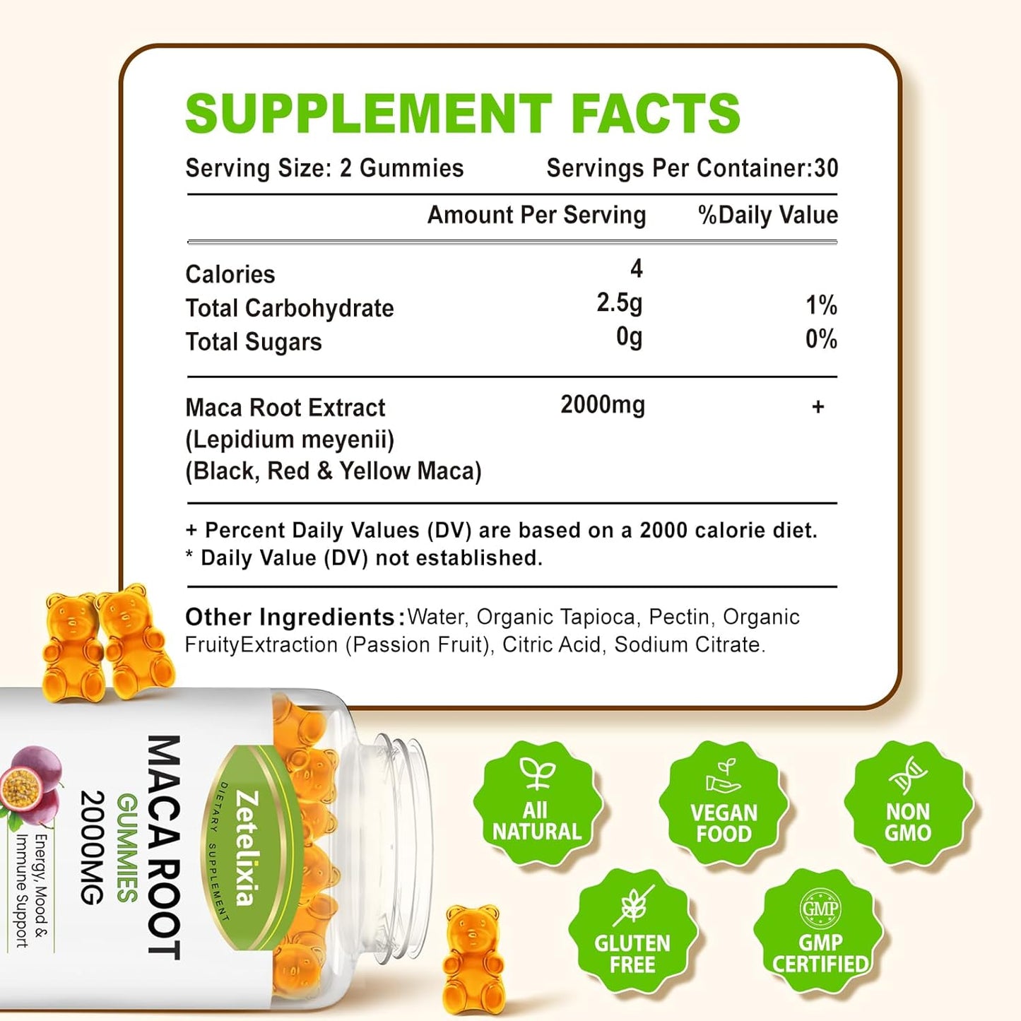 Vegan Maca Root Gummies for Women and Men with Yellow, Red, and Black Maca - Superior Absorption, Passion Fruit Flavor, 120 Gummies