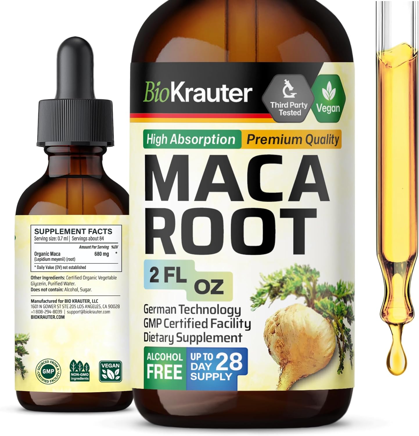 Vegan Maca Root Liquid Drops Extract - 2 Fl.Oz Sugar & Alcohol Free Tincture