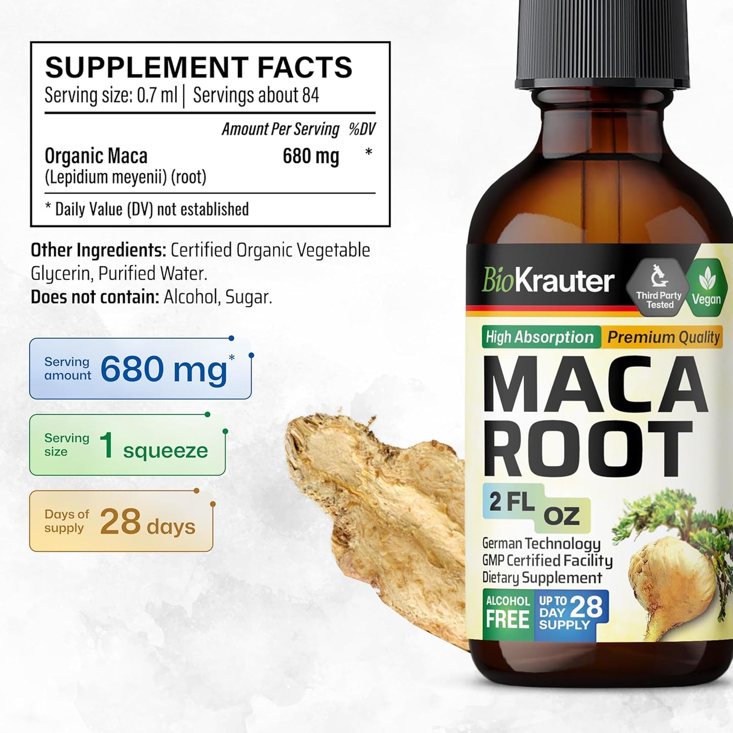 Vegan Maca Root Liquid Drops Extract - 2 Fl.Oz Sugar & Alcohol Free Tincture