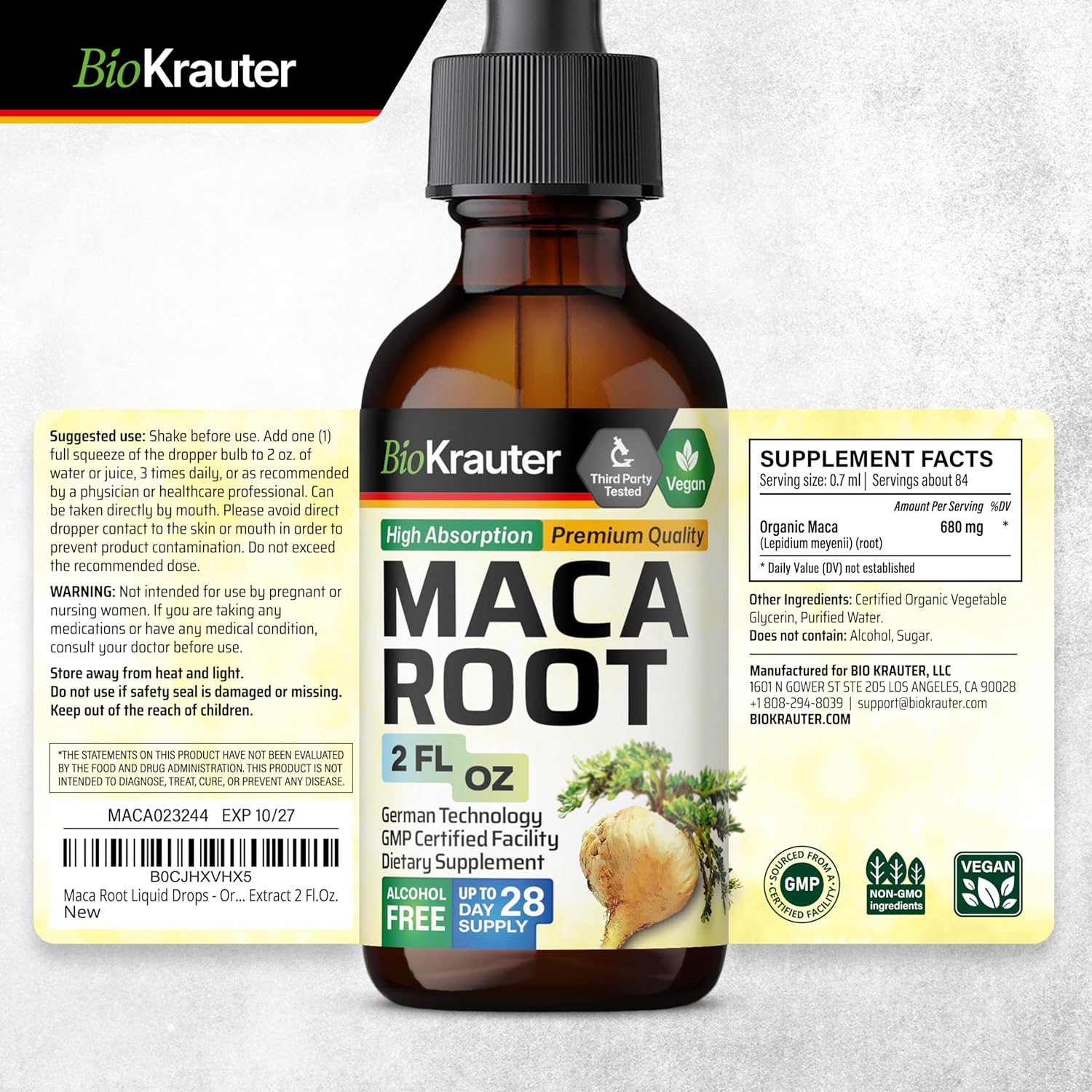 Vegan Maca Root Liquid Drops Extract - 2 Fl.Oz Sugar & Alcohol Free Tincture