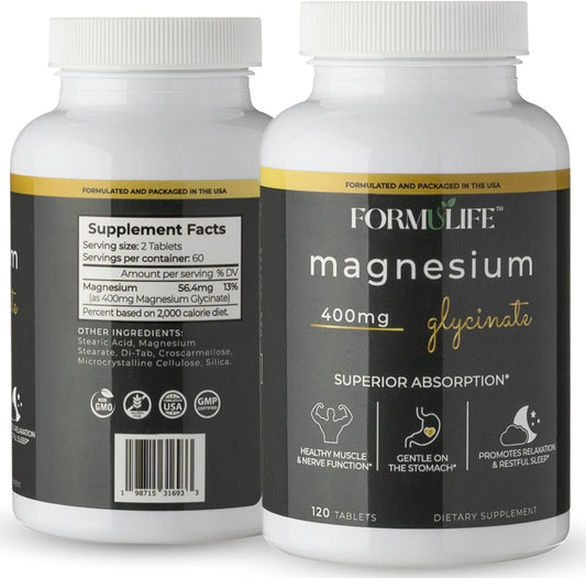 Vegan Magnesium Bisglycinate 400mg Supplement Tablets - Supports Stress Relief, Calm, Cramps, Sleep, Nerve Function - Non-GMO, USA Made - 120 Count