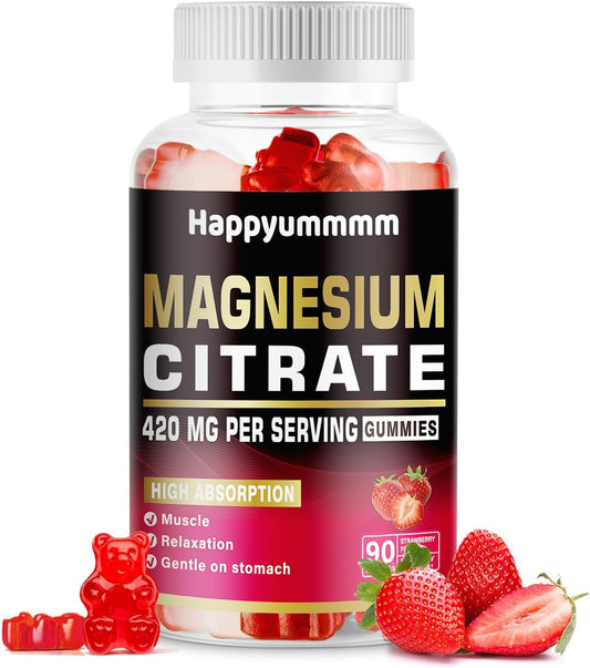 Vegan Magnesium Citrate Gummies 420mg - 90 Strawberry Gummies for Relaxation, Muscle, Bone & Energy Support