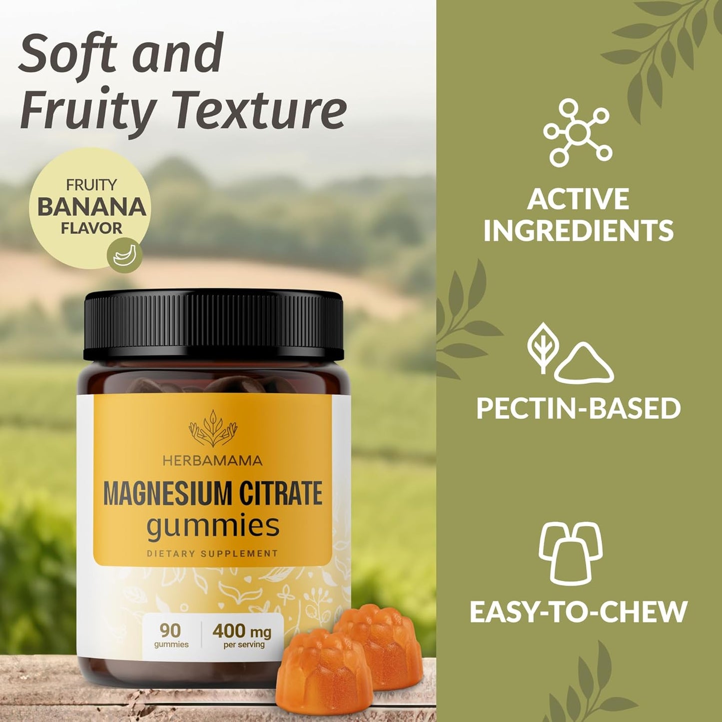 Vegan Magnesium Citrate Gummies for Relaxation Support - HERBAMAMA Calm Supplement - Non-GMO Banana-Flavored Chews - 90 Count