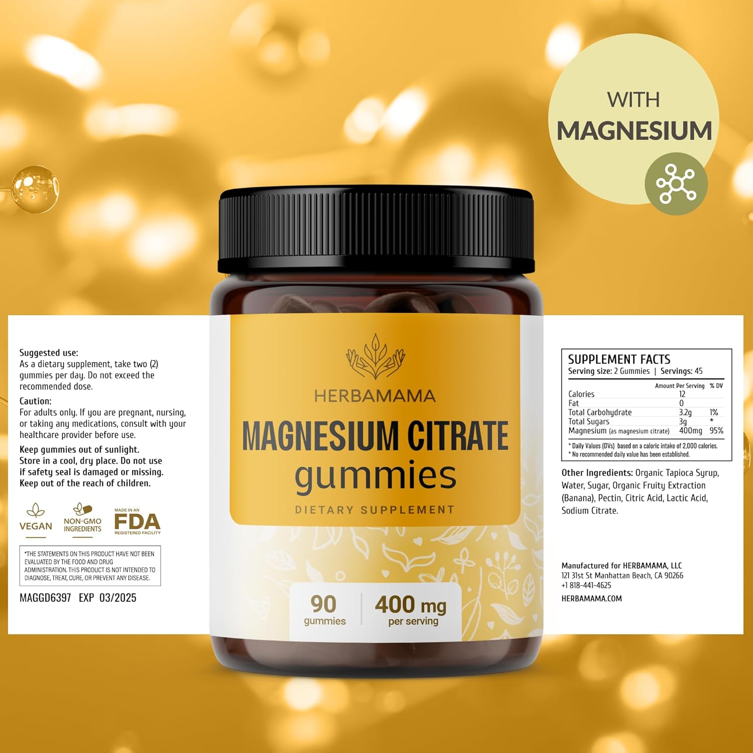 Vegan Magnesium Citrate Gummies for Relaxation Support - HERBAMAMA Calm Supplement - Non-GMO Banana-Flavored Chews - 90 Count