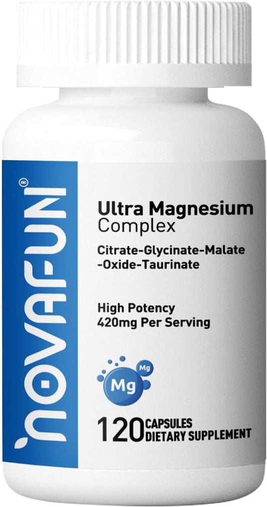 Vegan Magnesium Complex Supplement with Vitamin B6 for Heart and Bone Support - 420mg Magnesium Citrate, Malate, Taurate, Oxide, Glycinate - 120 Capsules