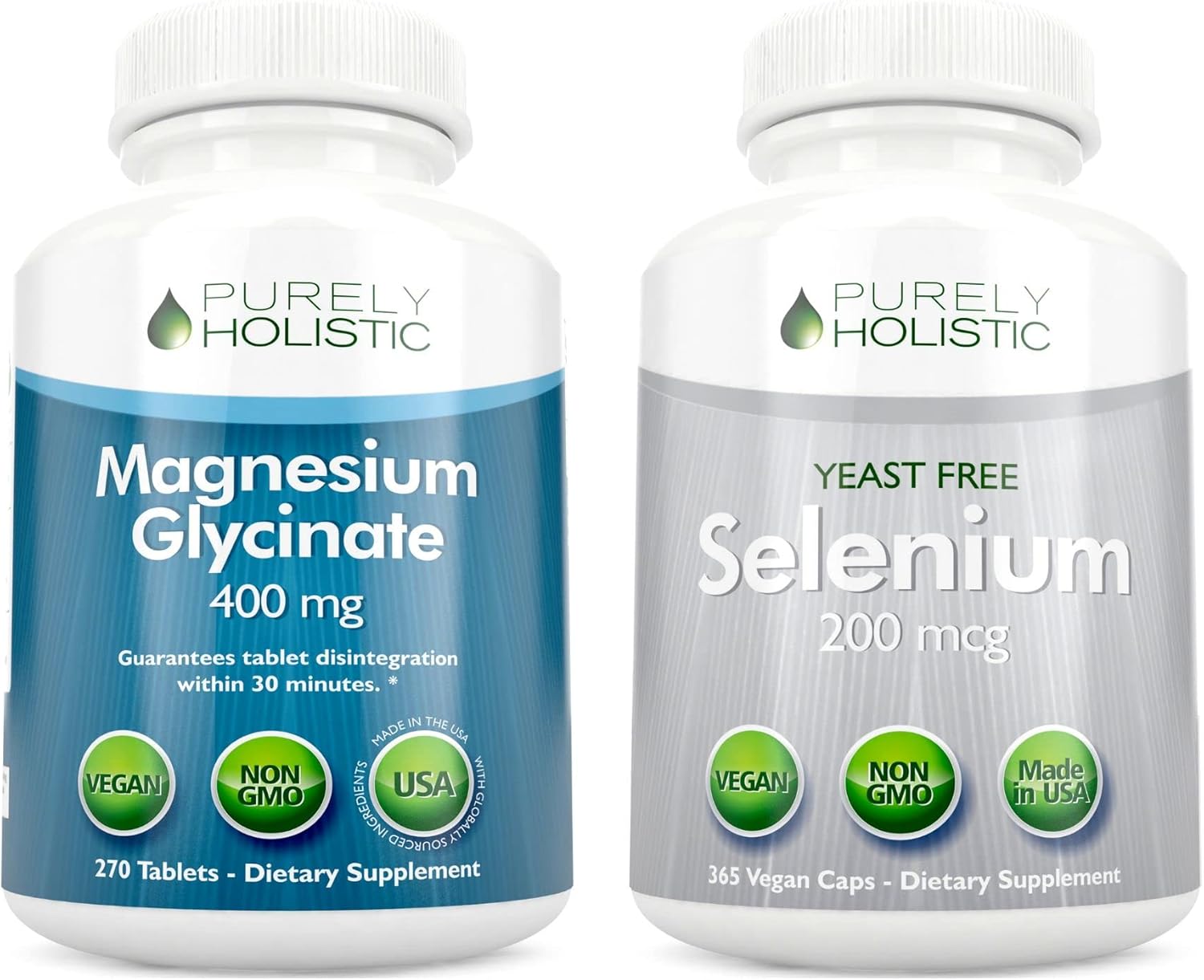Vegan Magnesium Glycinate 400mg + Selenium 200mcg Bundle - 270 Tablets & 365 Capsules - USA Made