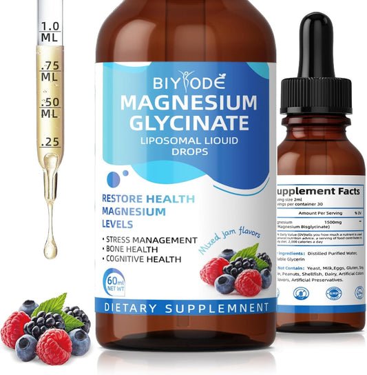 Vegan Magnesium Glycinate Liquid Drops 1500mg - Bone & Cognitive Support - Mixed Jam Flavor - 30-Day Supply