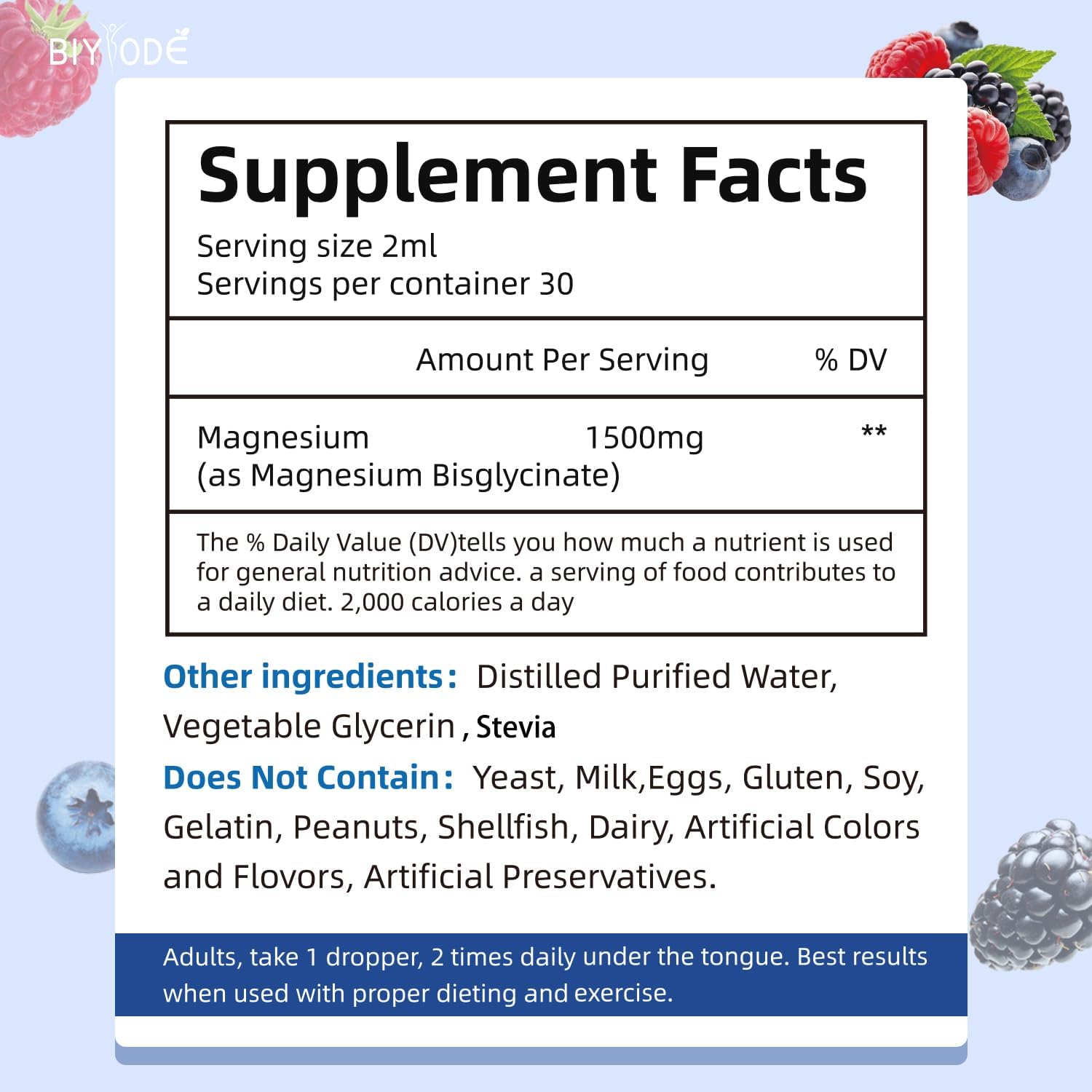 Vegan Magnesium Glycinate Liquid Drops 1500mg - Bone & Cognitive Support - Mixed Jam Flavor - 30-Day Supply