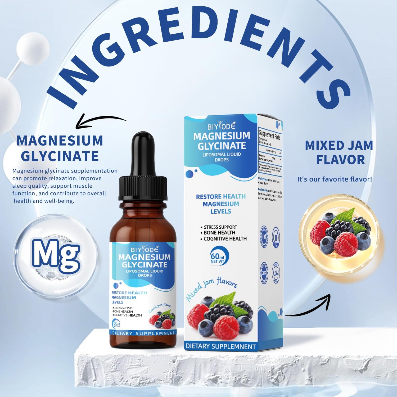 Vegan Magnesium Glycinate Liquid Drops 1500mg - Bone & Cognitive Support - Mixed Jam Flavor - 30-Day Supply
