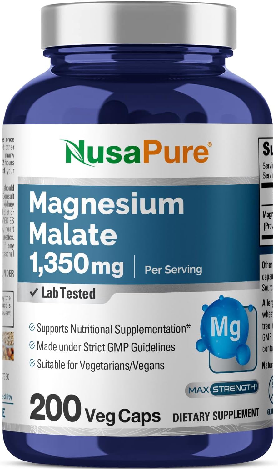 Vegan Magnesium Malate Supplement 1350mg - 200 Veggie Capsules - Non-GMO & Gluten-Free Formula by NusaPure