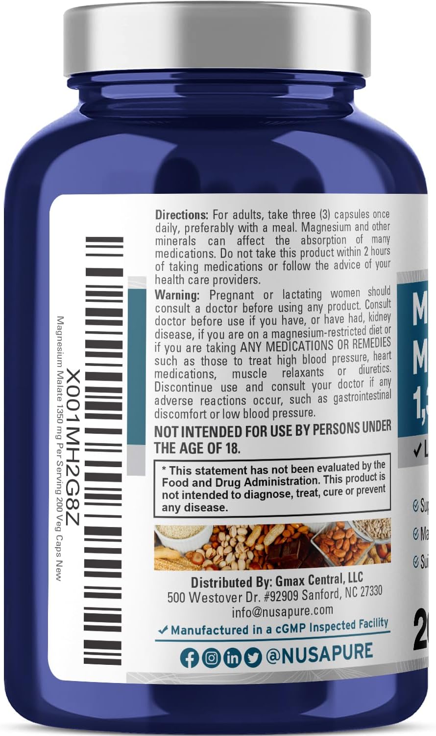 Vegan Magnesium Malate Supplement 1350mg - 200 Veggie Capsules - Non-GMO & Gluten-Free Formula by NusaPure