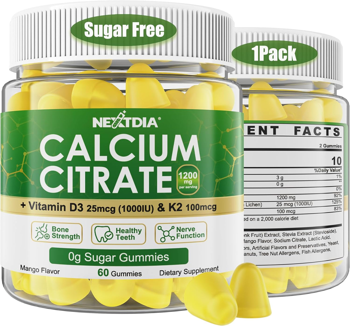 Vegan Mango Calcium Gummies 1200mg with Vitamin D3 & K2 - Supports Bone, Muscle, & Immune Health - Chewable Supplement for All Ages - 60 Count