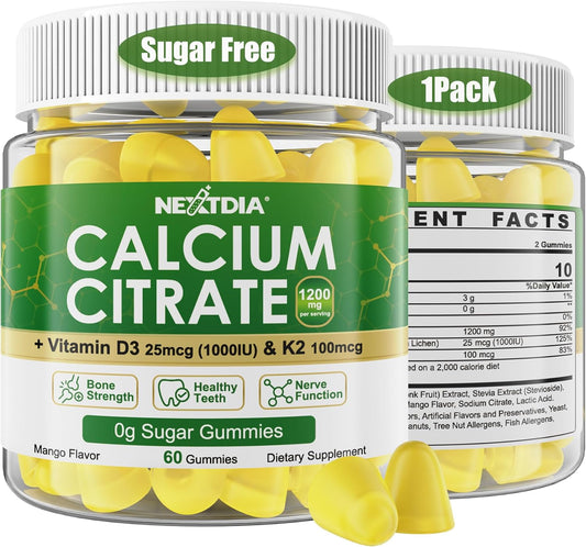 Vegan Mango Calcium Gummies 1200mg with Vitamin D3 & K2 - Supports Bone, Muscle, & Immune Health - Chewable Supplement for All Ages - 60 Count