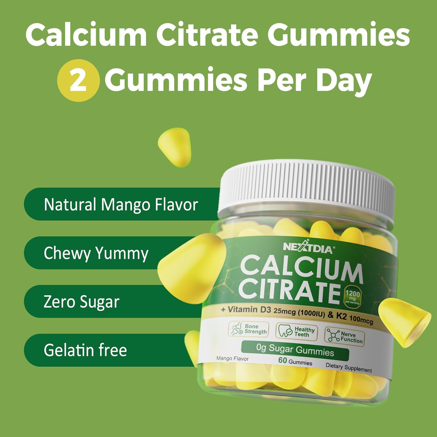 Vegan Mango Calcium Gummies 1200mg with Vitamin D3 & K2 - Supports Bone, Muscle, & Immune Health - Chewable Supplement for All Ages - 60 Count