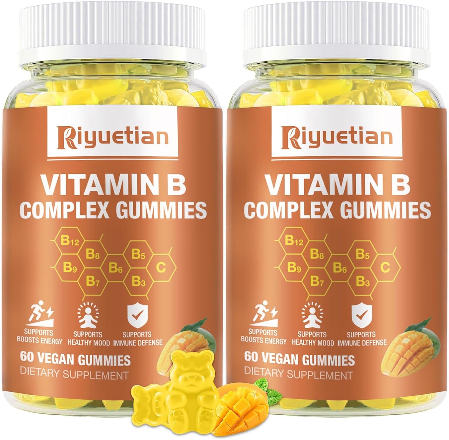 Vegan Mango Flavored Vitamin B Complex Gummies with Biotin, Choline, Inositol, Vitamin C, and Zinc - Supports Energy, Brain Health, Mood, Immune System, Healthy Hair, and Skin - 120 Count