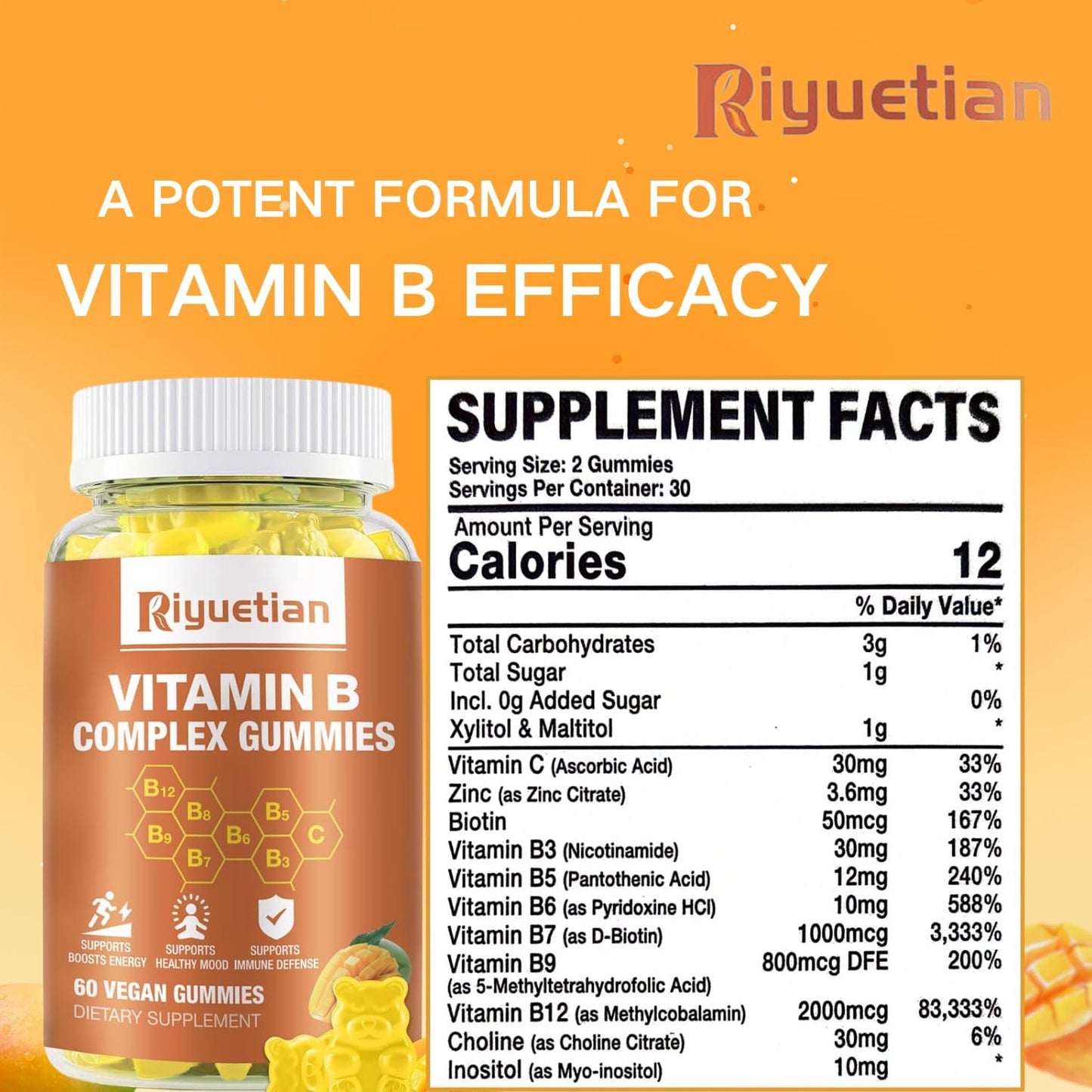 Vegan Mango Flavored Vitamin B Complex Gummies with Biotin, Choline, Inositol, Vitamin C, and Zinc - Supports Energy, Brain Health, Mood, Immune System, Healthy Hair, and Skin - 120 Count