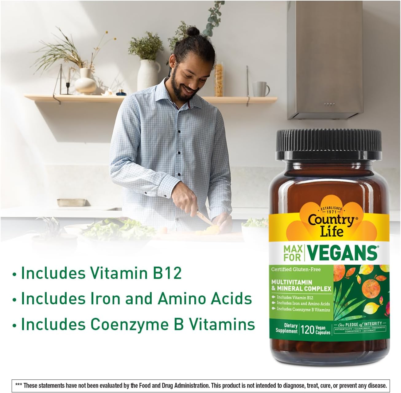 Vegan Men's Daily Multivitamin with Vitamin B12, Iron, and Amino Acids - 120 Capsules for Immune Support - Gluten-Free