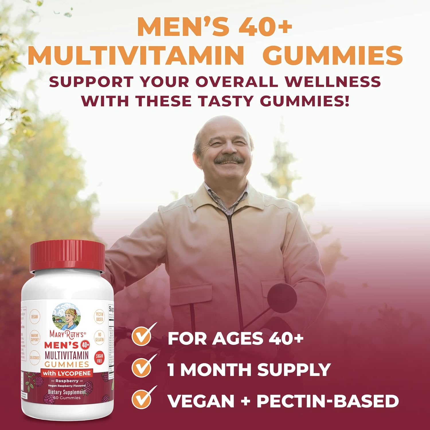 Vegan Men's Multivitamin Gummies 40+ | Immune Support | Sugar-Free | 60 Count