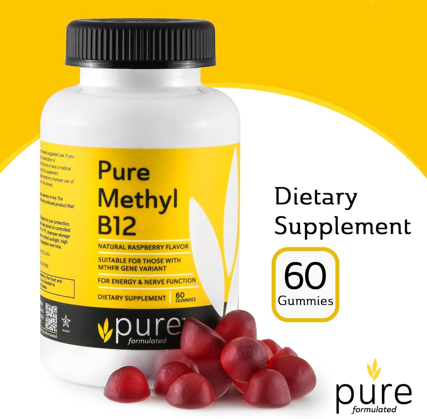 Vegan Methyl B12 Vitamin Gummies for Energy & Nerve Function - Gluten-Free, Dairy-Free, Kosher - 60 Gummies (1500 mcg)