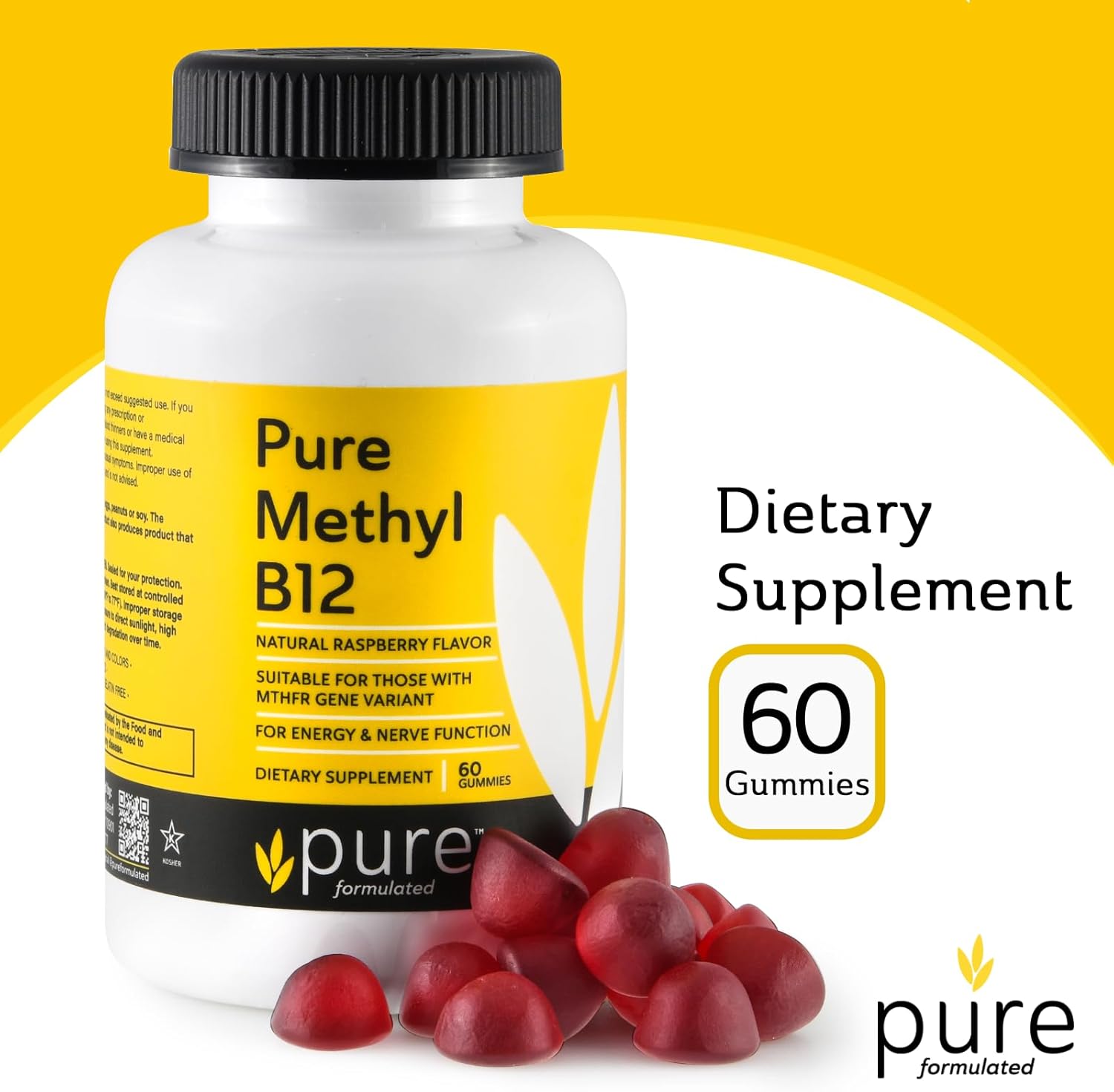 Vegan Methyl B12 Vitamin Gummies for Energy & Nerve Function - Gluten-Free, Dairy-Free, Kosher - 60 Gummies (1500 mcg)