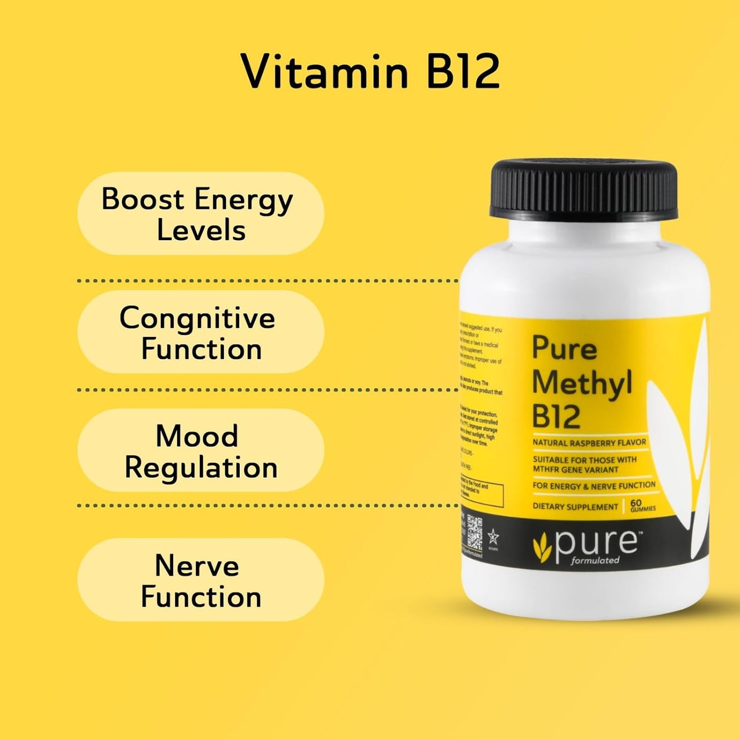 Vegan Methyl B12 Vitamin Gummies for Energy & Nerve Function - Gluten-Free, Dairy-Free, Kosher - 60 Gummies (1500 mcg)
