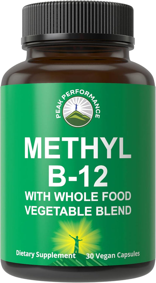Vegan Methyl B12 Vitamin Supplement with Whole Food Blend for Energy and Focus - 30 Day Supply Capsules