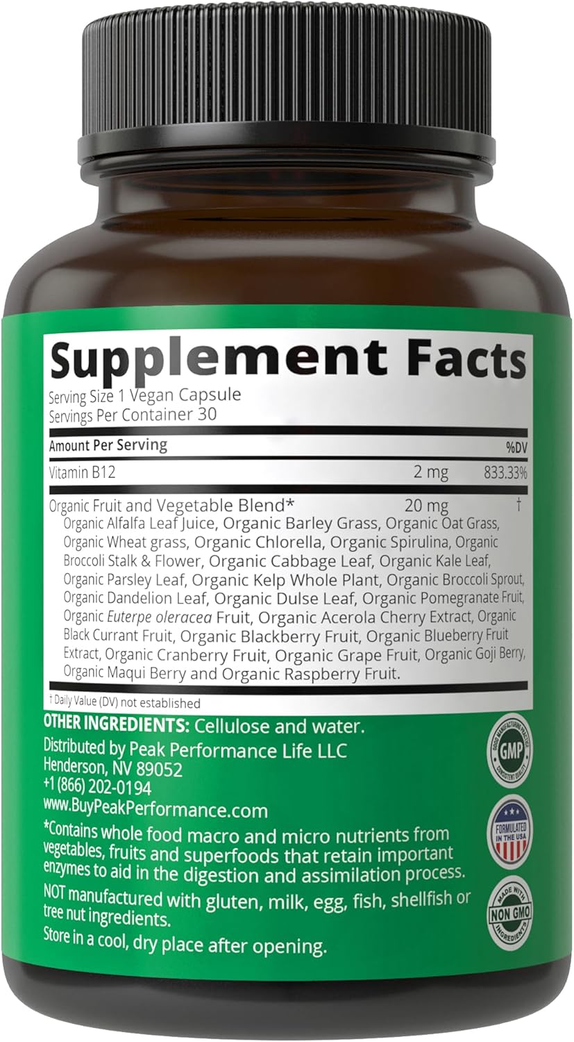 Vegan Methyl B12 Vitamin Supplement with Whole Food Blend for Energy and Focus - 30 Day Supply Capsules