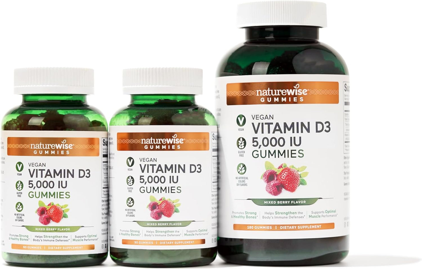 Vegan Mixed Berry Flavored Vitamin D3 Gummies - 5000 IU - Immune and Bone Support - 180 Count
