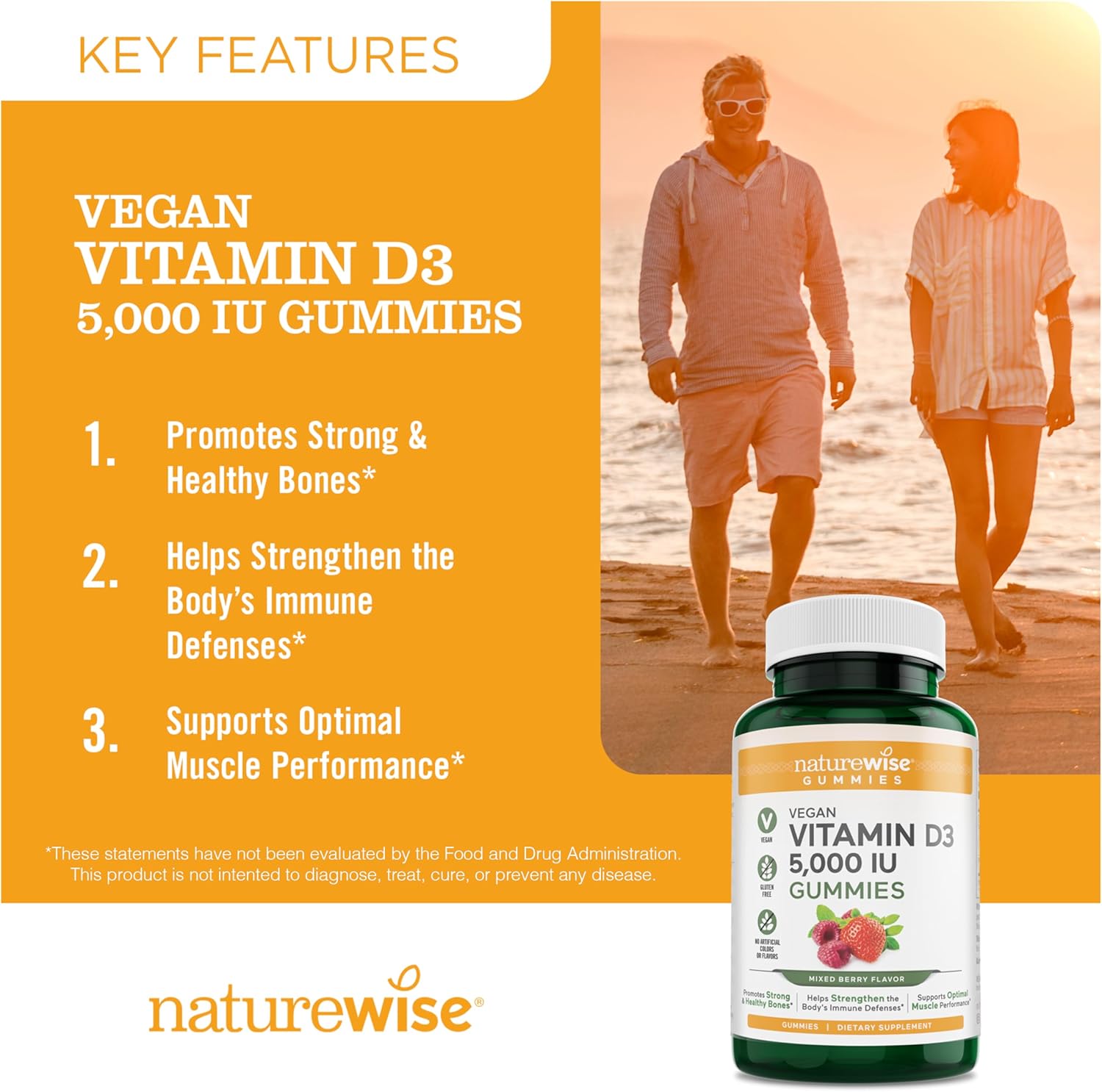 Vegan Mixed Berry Flavored Vitamin D3 Gummies - 5000 IU - Immune and Bone Support - 180 Count