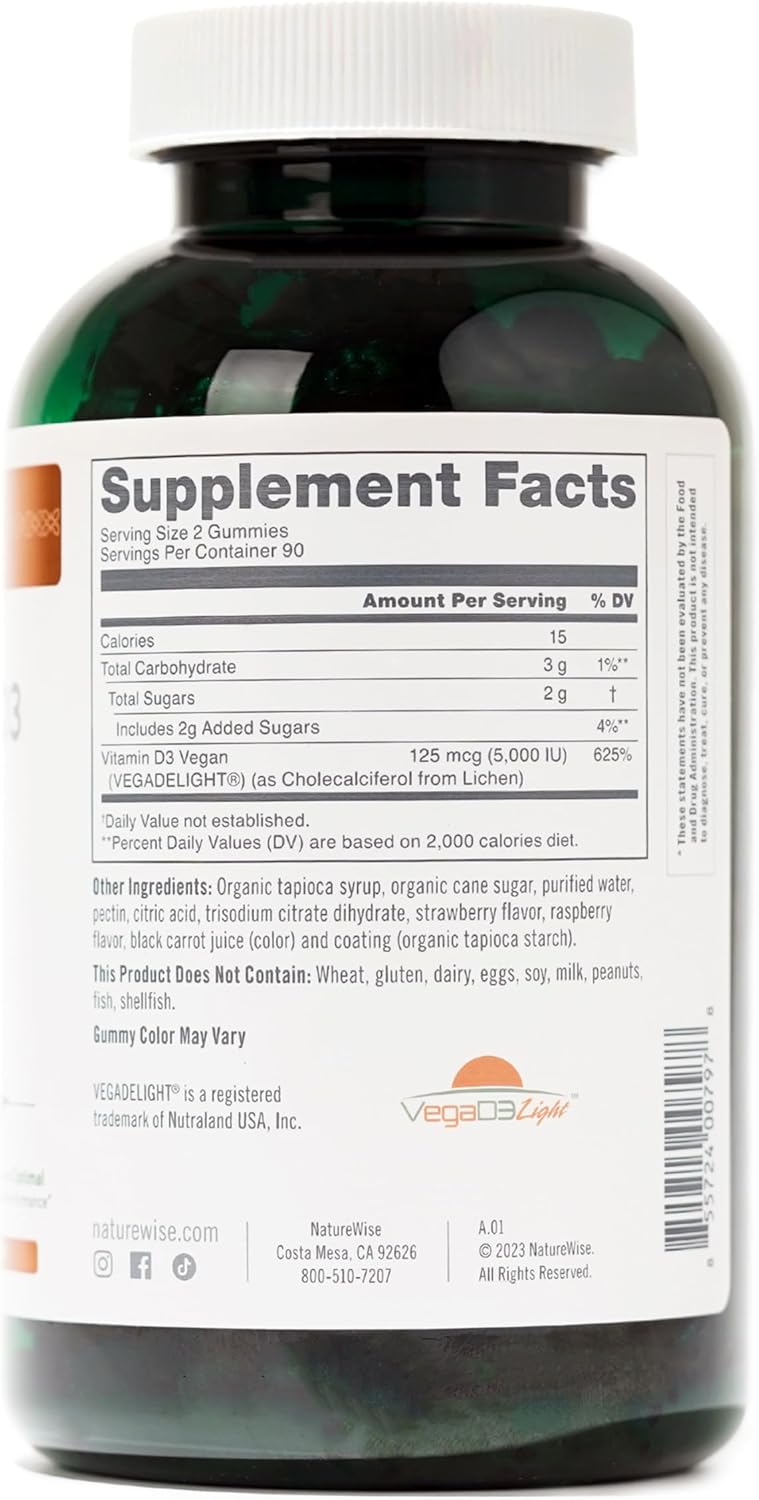 Vegan Mixed Berry Flavored Vitamin D3 Gummies - 5000 IU - Immune and Bone Support - 180 Count