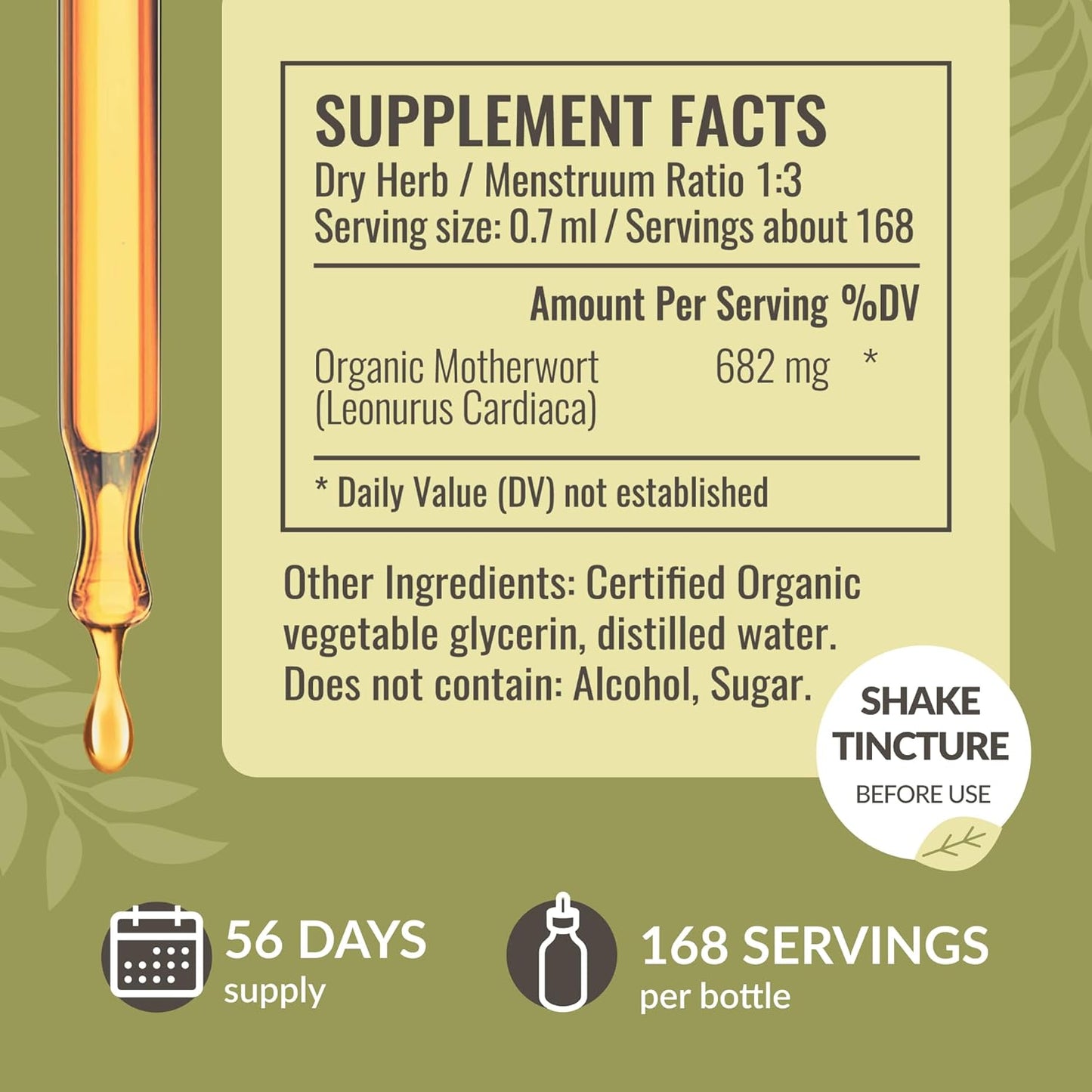 Vegan Motherwort Tincture for Women's Support - Herbal Calming Drops, Non-GMO, Alcohol & Sugar-Free - 56-Day Supply