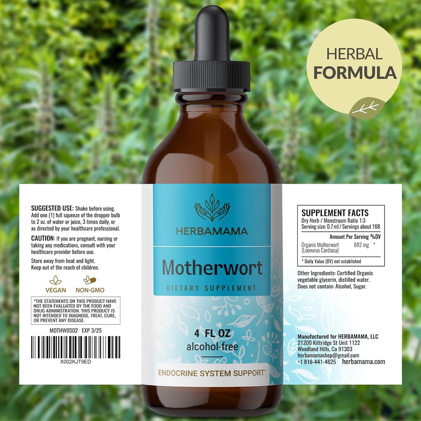 Vegan Motherwort Tincture for Women's Support - Herbal Calming Drops, Non-GMO, Alcohol & Sugar-Free - 56-Day Supply