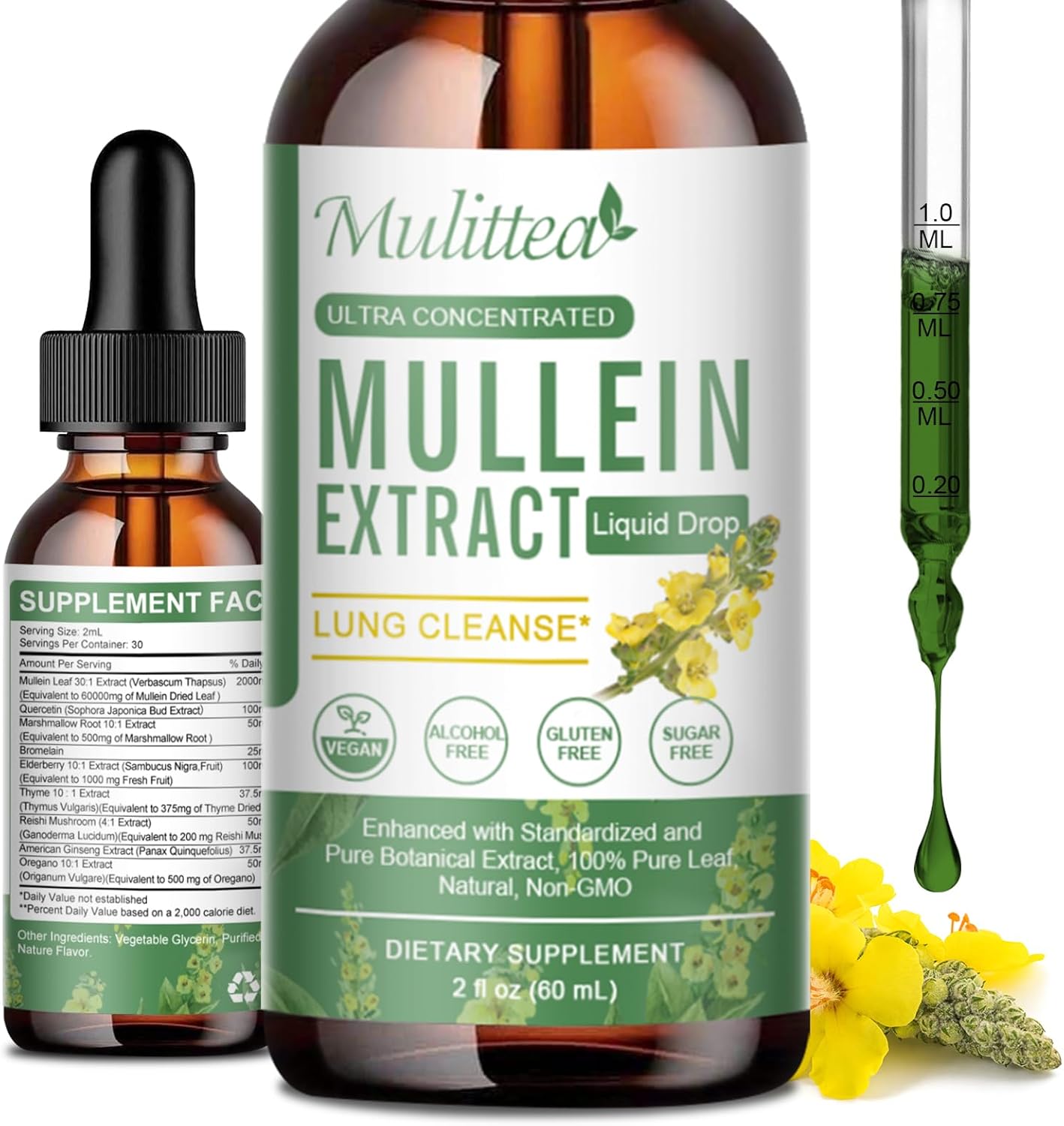 Vegan Mullein Leaf Extract Drops for Lung Cleanse & Detox - Immune & Respiratory Support - 9 Herbal Supplement to Renew - Liquid Tincture