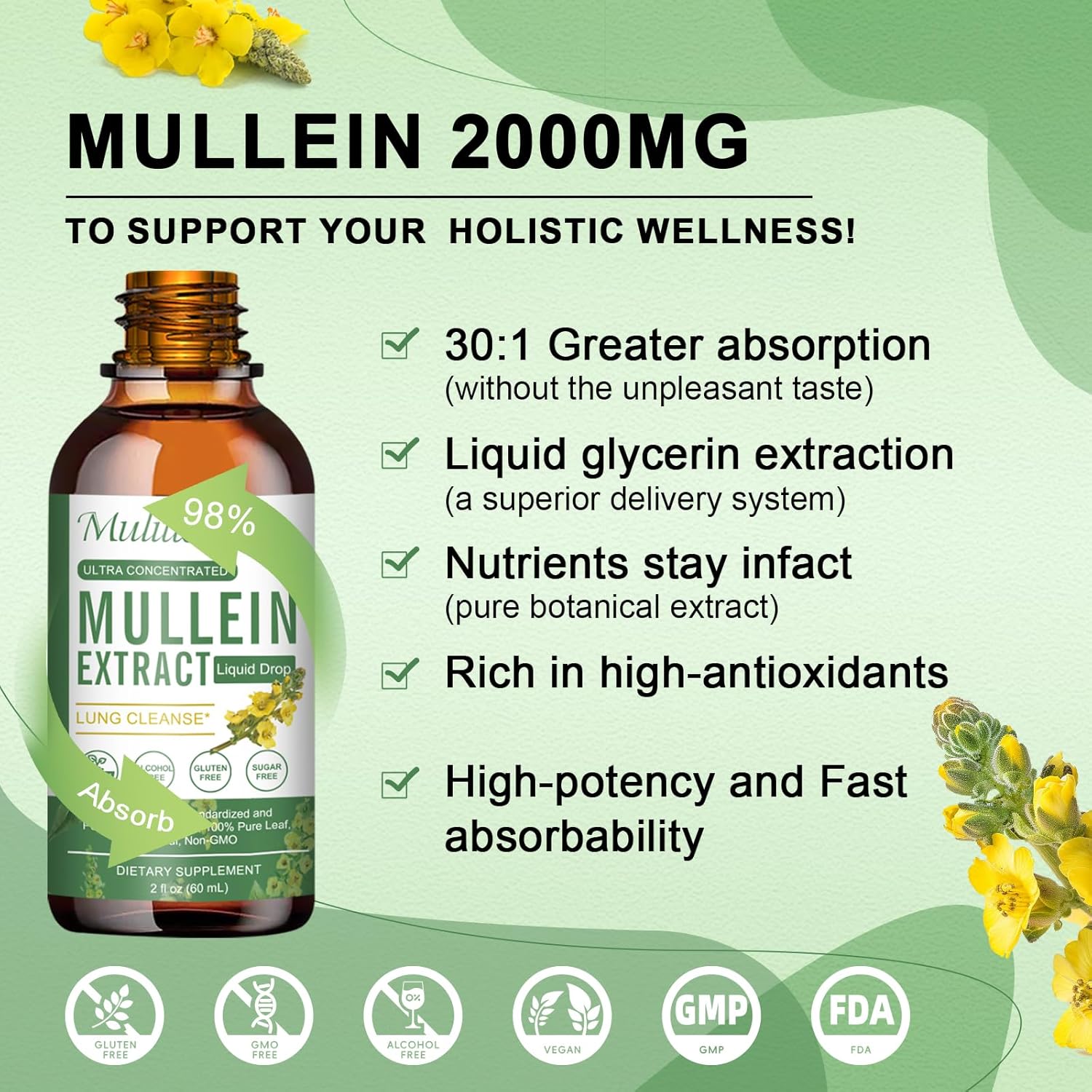 Vegan Mullein Leaf Extract Drops for Lung Cleanse & Detox - Immune & Respiratory Support - 9 Herbal Supplement to Renew - Liquid Tincture