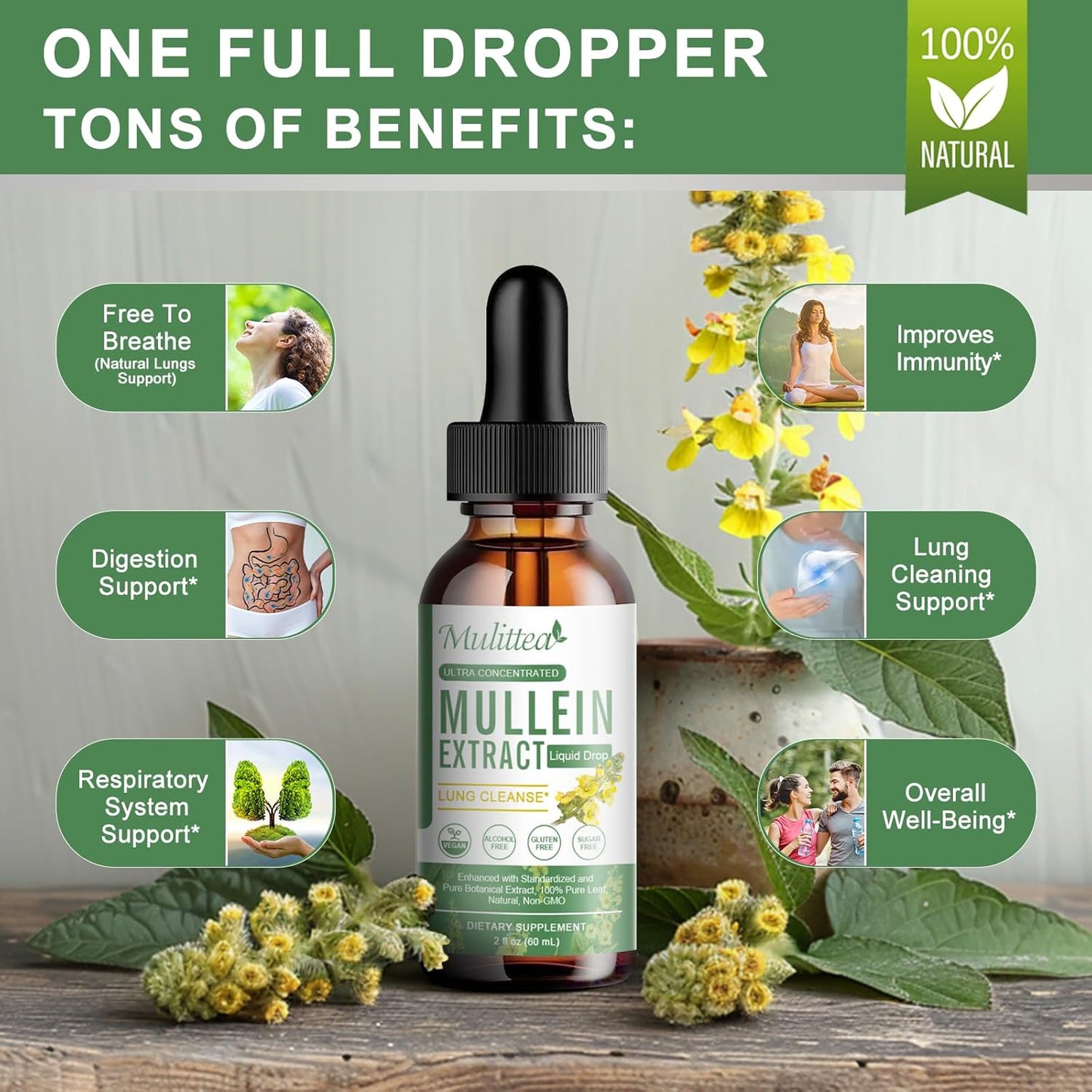 Vegan Mullein Leaf Extract Drops for Lung Cleanse & Detox - Immune & Respiratory Support - 9 Herbal Supplement to Renew - Liquid Tincture