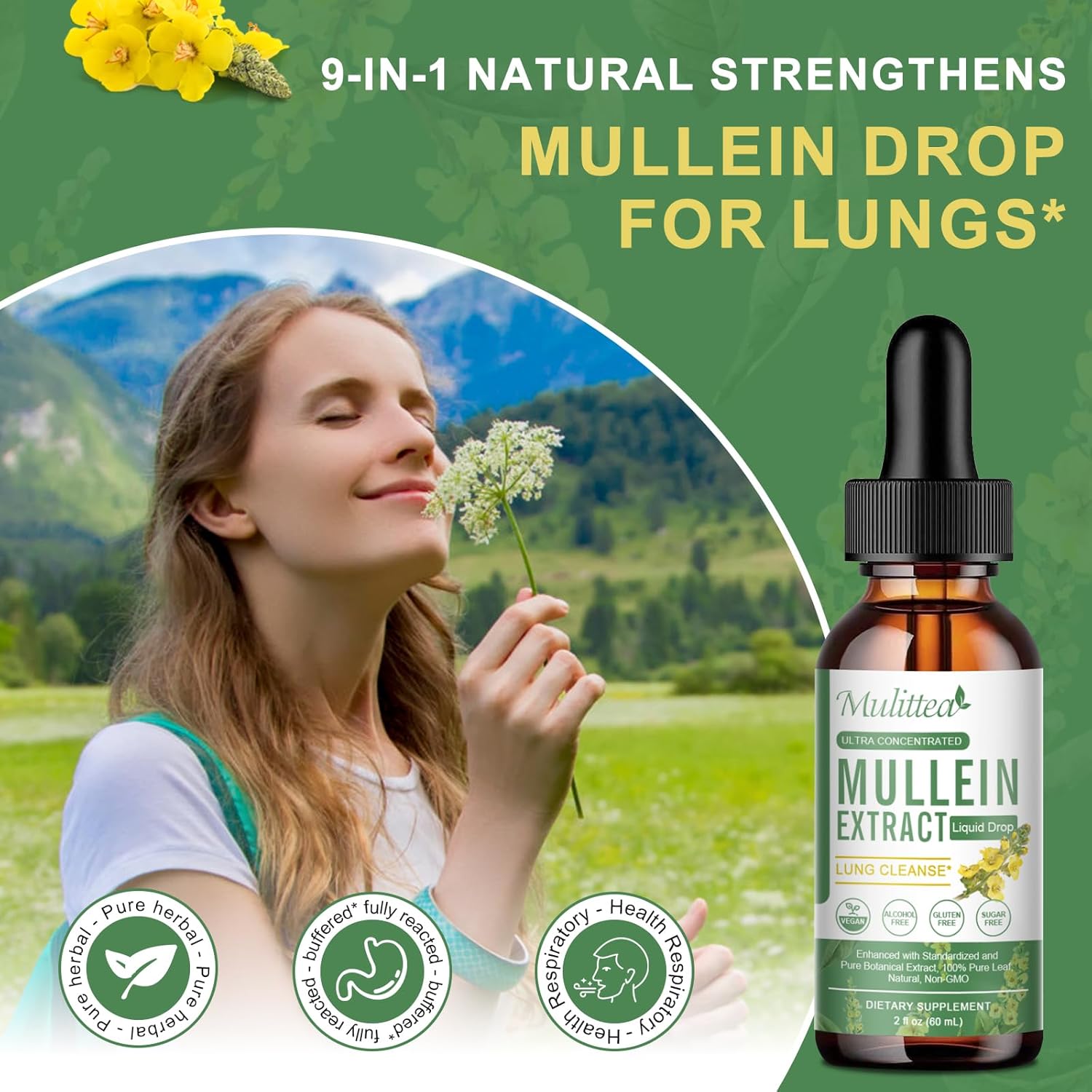 Vegan Mullein Leaf Extract Drops for Lung Cleanse & Detox - Immune & Respiratory Support - 9 Herbal Supplement to Renew - Liquid Tincture