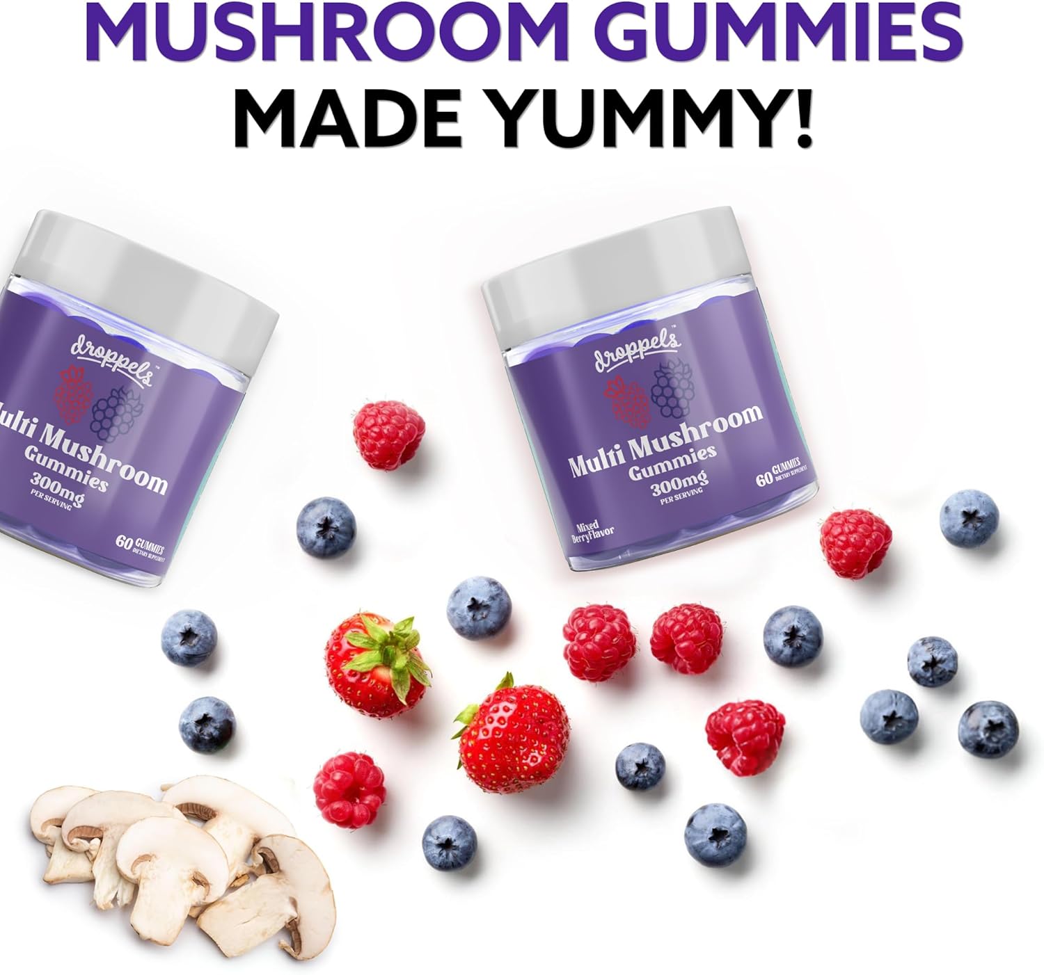 Vegan Multi Mushroom Gummies with Maitake, Shiitake, Turkey Tail, Chaga, Reishi & Lion's Mane | Non-GMO Pectin-Based Extracts | Mixed Berries Flavor, 60 Count