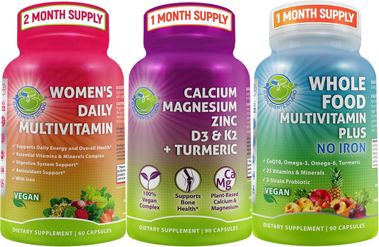 Vegan Multivitamin Bundle: Women's Daily with Iron + Whole Food Calcium 500mg (Aquamin) for Optimal Health