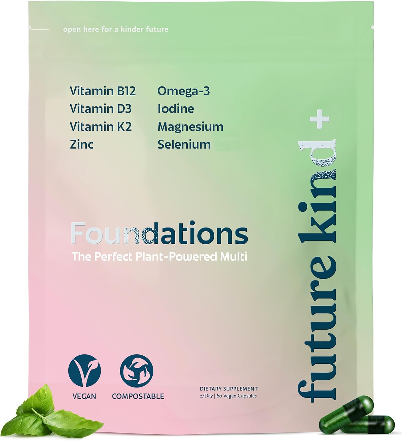 Vegan Multivitamin for Women & Men with Omega-3, B12, D3, Zinc, Iodine, Magnesium, K2 & Selenium - Carrageenan-Free - 60ct Bag