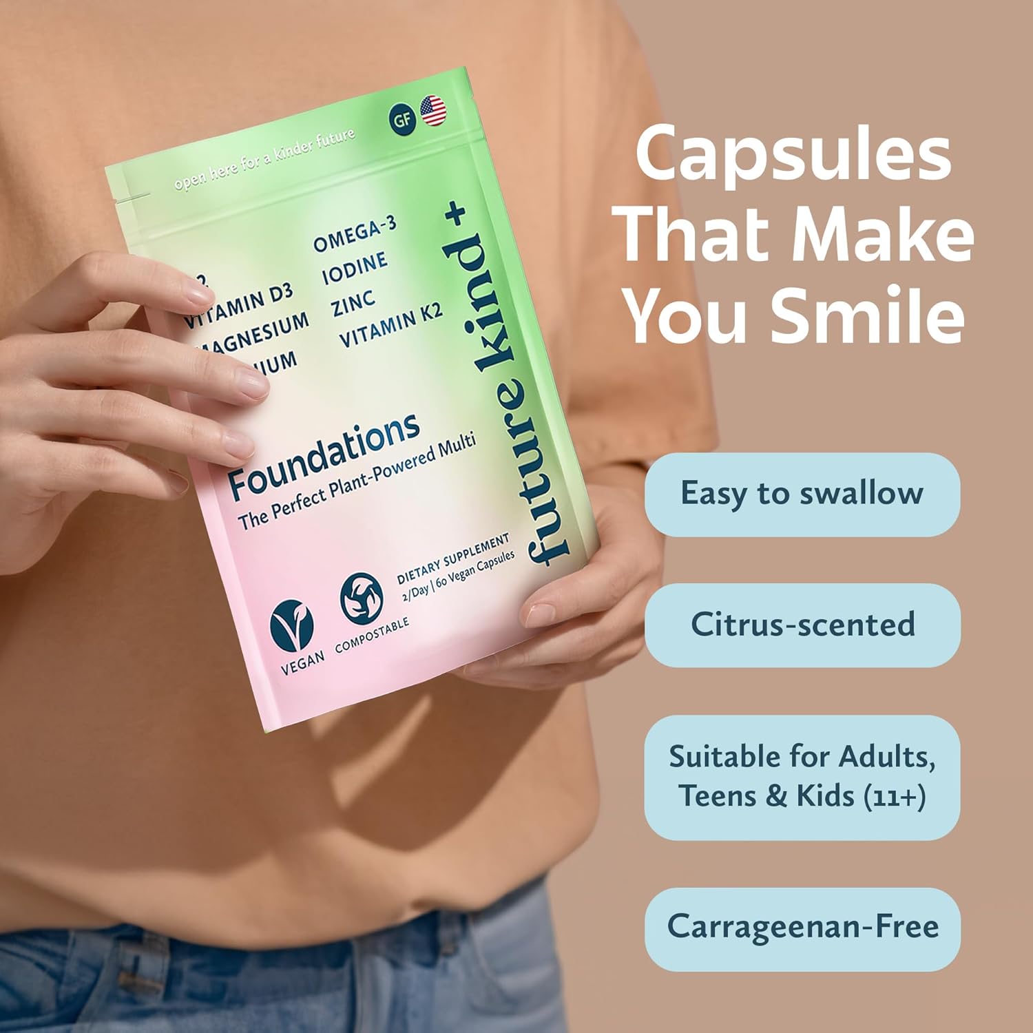 Vegan Multivitamin for Women & Men with Omega-3, B12, D3, Zinc, Iodine, Magnesium, K2 & Selenium - Carrageenan-Free - 60ct Bag