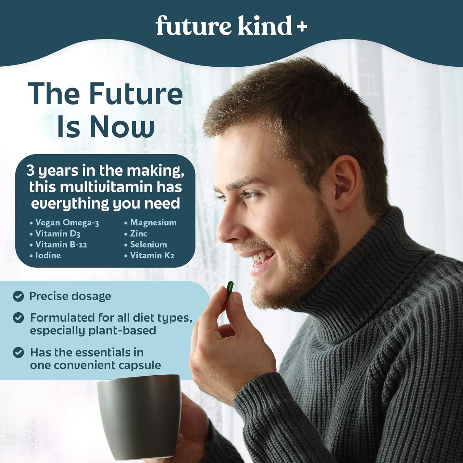 Vegan Multivitamin for Women & Men with Omega-3, B12, D3, Zinc, Iodine, Magnesium, K2 & Selenium - Carrageenan-Free - 60ct Bag